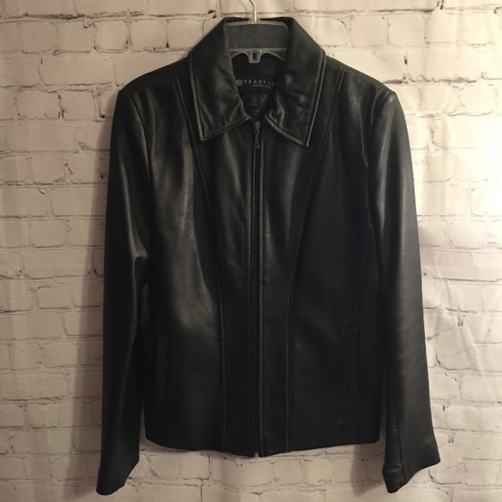 Kenneth Cole Reaction SOFT BLACK Leather Jacket Lined Coat Sz Large Men's Womens